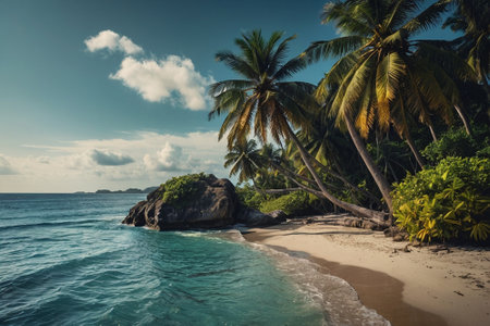 Tropical beach with coconut palm trees at Seychellesの素材