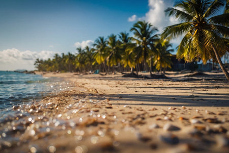Beautiful tropical beach with coconut palm trees and blue sky background.の素材