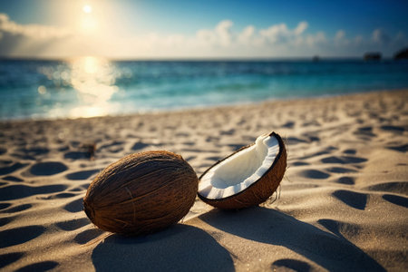 Coconut on the beach at sunset. Tropical vacation concept.の素材