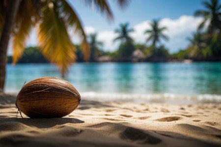 Coconut on the sandy beach with palm trees in the backgroundの素材