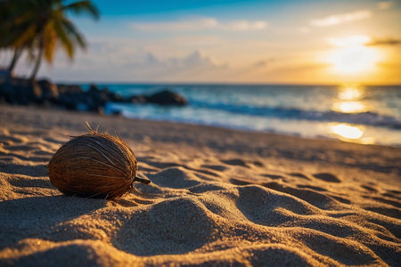Coconut on the beach at sunset. Tropical vacation concept.の素材