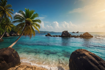 Tropical beach with palm trees and rocks, Seychellesの素材