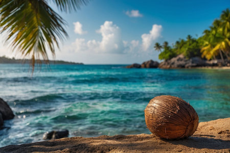 Coconut on the sandy beach at Seychelles.の素材
