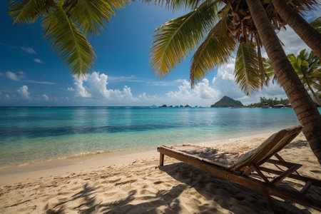 Paradise beach with palm trees and sun loungers at Seychellesの素材