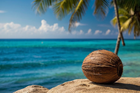 Coconut on the beach with palm trees and turquoise seaの素材