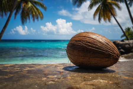 Coconut on the beach at Seychelles, Maheの素材