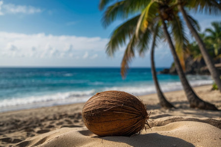 Coconut on the sandy beach with palm trees in the backgroundの素材