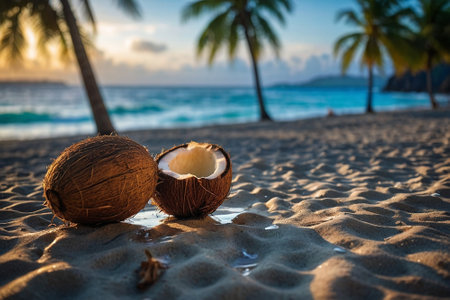 Coconut on the beach with palm trees and sunset in backgroundの素材