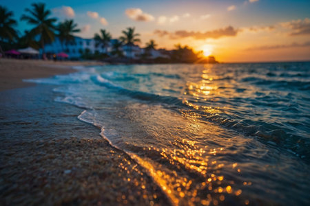 Beautiful sunset on the tropical beach with palm trees and sea waveの素材