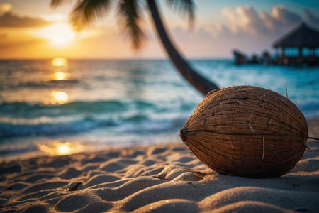 Coconut on the beach at sunset. Beautiful tropical background.の素材