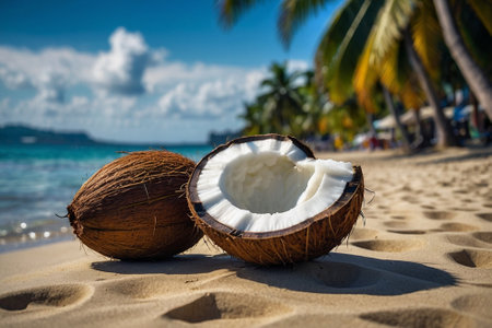 Coconut on the sandy beach with palm trees in the backgroundの素材