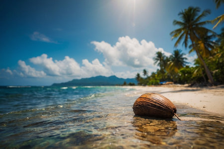 Coconut on a tropical beach in the Seychellesの素材