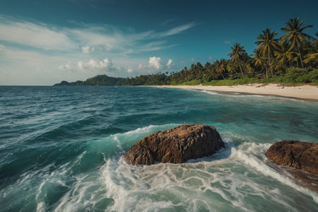 Tropical beach with rocks and coconut palm trees, Seychellesの素材