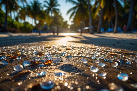 Sunset on the beach with palm trees in background and crystal clear water dropsの素材