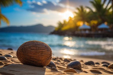 Coconut on the beach at sunset. Beautiful tropical background.の素材