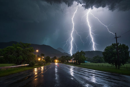 lightning on the road, thunderstorm in the rainy season.の素材