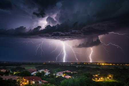 Lightning strike in the night sky. Thunderstorm over the city.の素材