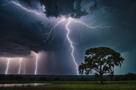 Thunderstorm over rice field in rainy season, lightning strike in rainy seasonの素材