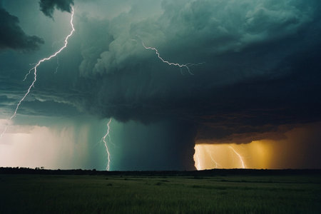 Thunderstorm over the field. Dramatic stormy sky with lightningの素材
