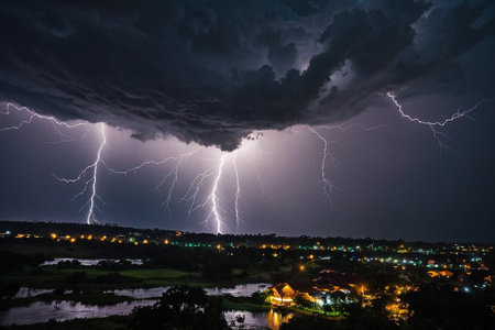 Lightning strike in the night sky, thunderstorm and lightning.の素材