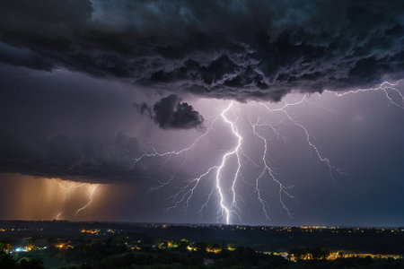 Lightning strike in the night sky, thunderstorm and lightning.の素材