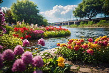 Colorful flowerbeds in the city park with a bridge in the backgroundの素材