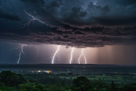 Lightning strike over the forest at night, Phu Quoc, Vietnamの素材