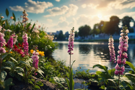 Beautiful spring flowers by the lake at sunset. Nature background.の素材