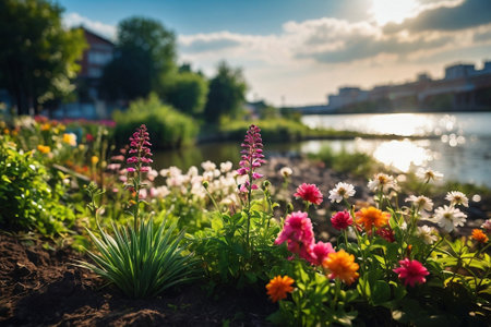 Flower bed with colorful flowers on the bank of the river.の素材