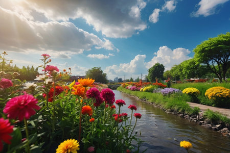 Colorful flower garden in the morning with blue sky and sunlight.の素材