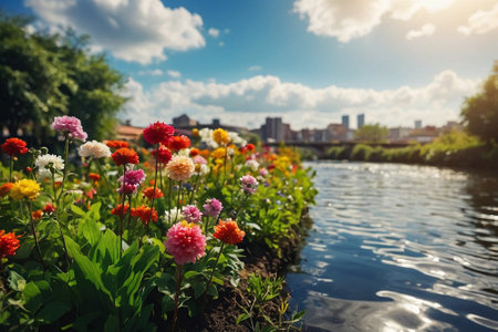 Colorful flowers on the bank of the river in the city.の素材
