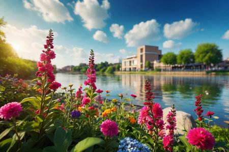 Colorful flowers on the bank of the river. Summer landscape.の素材