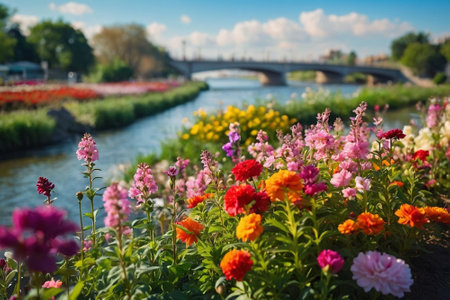 Colorful flowers on the background of the river and the bridge.の素材