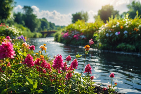 Colorful flowers by the river in the park. Summer landscape.の素材