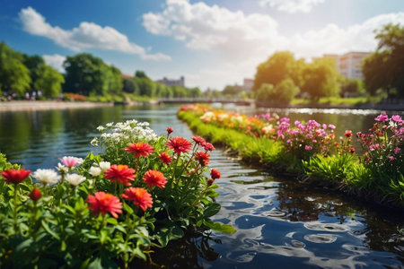 Flower garden on the bank of the river. Spring landscape.の素材