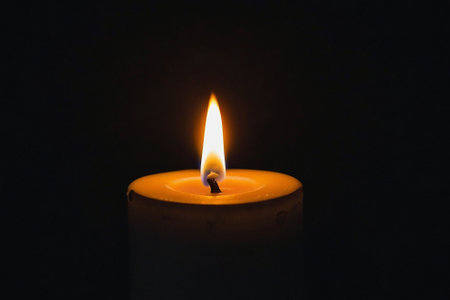 Burning candle on a black background. Close up. Selective focus.の素材