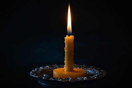 Burning candle on dark background, closeup. Space for textの素材