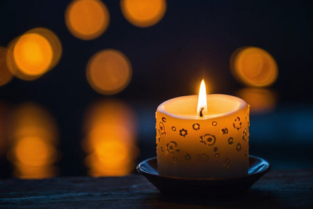 Burning candle on wooden table with bokeh background, close upの素材