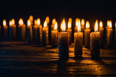 Burning candles on a dark background. Shallow depth of field.の素材
