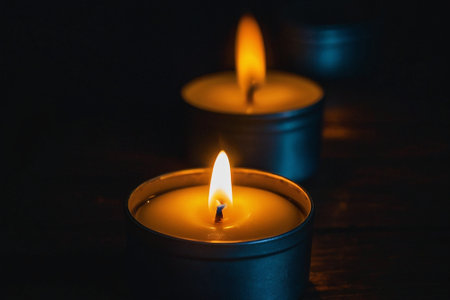 Burning candles in a dark room. Shallow depth of field.の素材