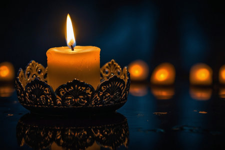 Burning candle on a dark background. Shallow depth of field.の素材