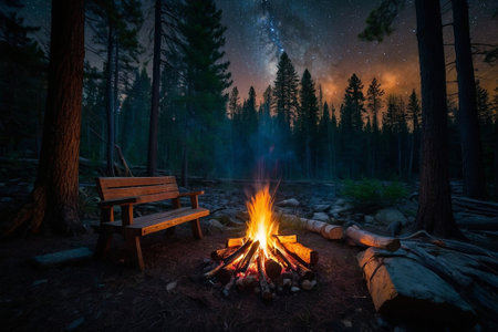Camping in the forest at night with bonfire and wooden benchの素材