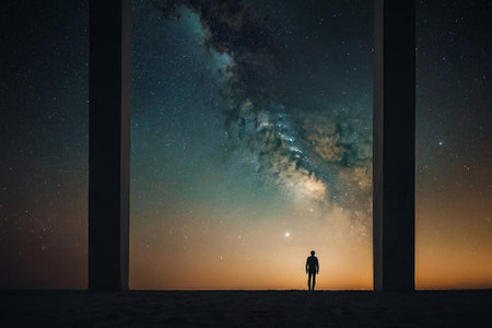 Silhouette of a man looking at the milky way.の素材