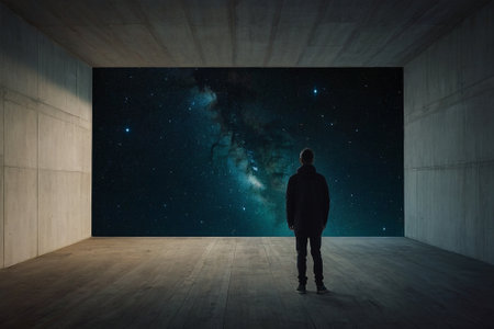 Man looking at night sky with stars and nebula in empty roomの素材