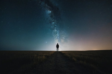 Man standing on the road and looking at the milky way.の素材