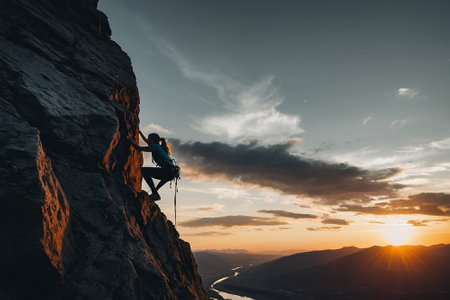 Silhouette of a man climbing on a rock in the mountains.の素材