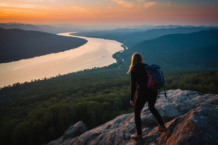 Woman hiker with backpack standing on the edge of cliff and looking at the riverの素材