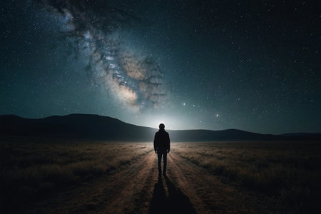 Silhouette of a man standing on the road in the field and looking at the milky wayの素材