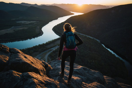 A girl with a backpack stands on the edge of a cliff and looks at the sunset.の素材