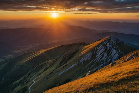 Sunset in the Carpathian mountains. Ukraine, Europe.の素材